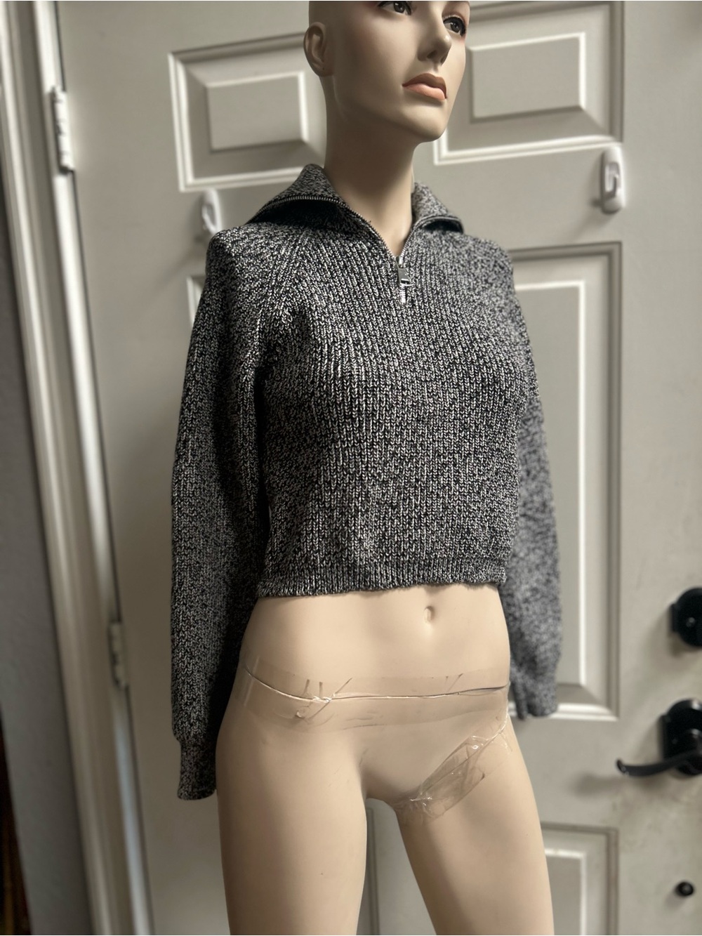 MNG Women's Gray Marled Half-Zip Knit Cropped 3/4 Zip High Collar Sweater Sz XS